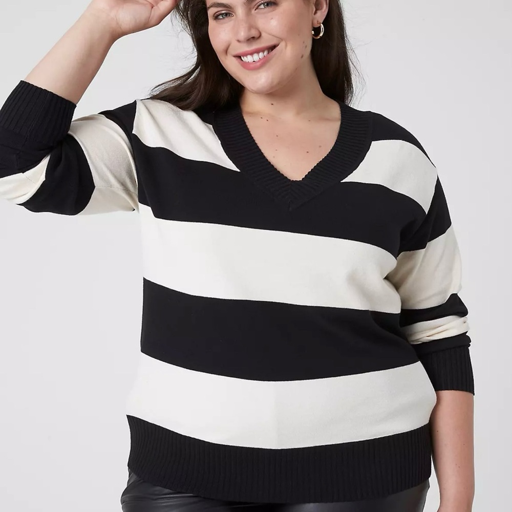 Lane Bryant V-Neck Sweater in Black and Cream Stripes. 22/24